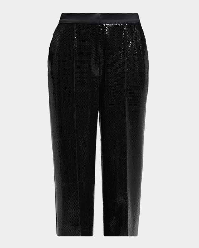 Sequined Satin Wide-Leg Crop Tuxedo Pants